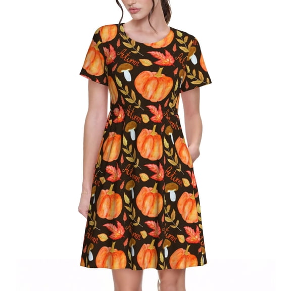 Vsdgher Autumn Pumpkin for Womens Summer 2025 Casual Midi Maxi Dresses Lightweight Short Sleeve Round Neck Beach Dress -X-Large