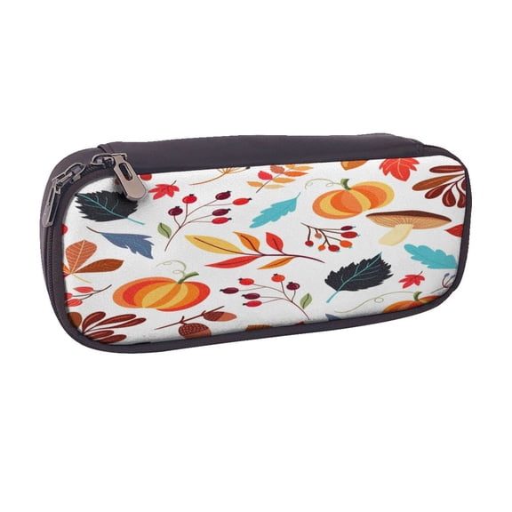 Vsdgher Autumn Pumpkins Fall Leaves Print Pen Case Leather Pencil Pouch Markers Holder Big Capacity Bag with Zippered Pocket for Stationery Tool