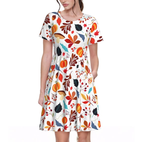 Vsdgher Autumn Pumpkins Fall Leaves for Womens Summer 2025 Casual Midi Maxi Dresses Lightweight Short Sleeve Round Neck Beach Dress -Small