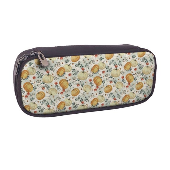 Vsdgher Autumn Pumpkins Leaves Print Pen Case Leather Pencil Pouch Markers Holder Big Capacity Bag with Zippered Pocket for Stationery Tool