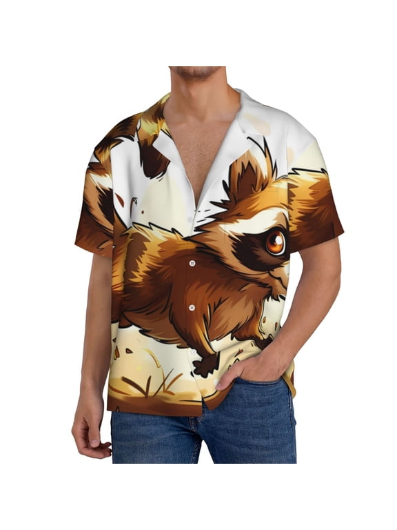 Autumn Raccoon In Forest Men's Cuban Shirt, Hawaiian Shirts, Business Casual Button Down Shirts, Short Sleeve Shirt-Small
