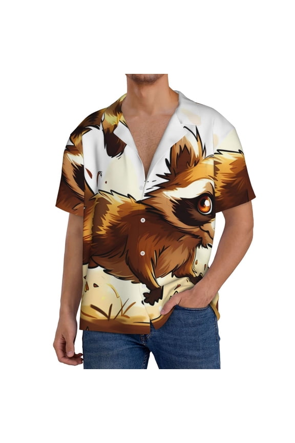 Autumn Raccoon In Forest Men's Cuban Shirt, Hawaiian Shirts, Business Casual Button Down Shirts, Short Sleeve Shirt-Small