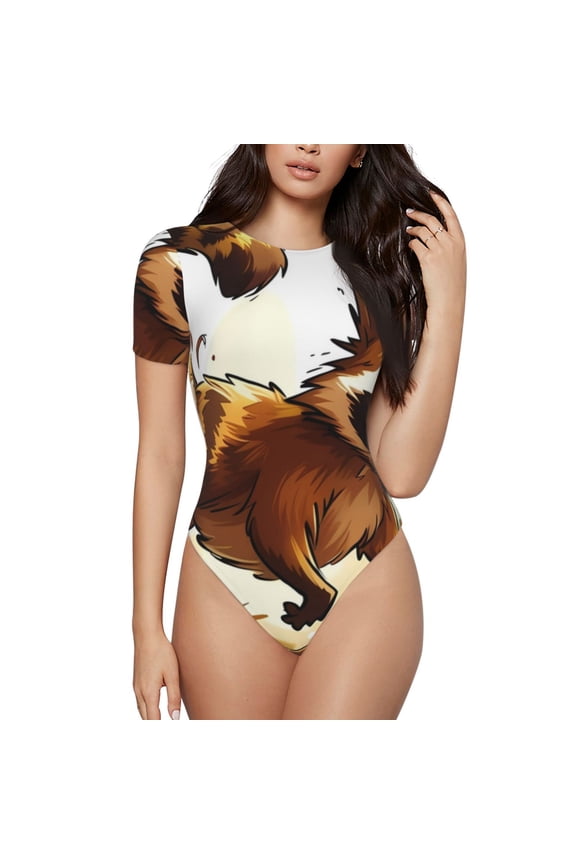 Autumn Raccoon In Forest Prinr Short Sleeve Body suit for Womens, Sexy Onesie One Piece Round Neck Bodysuit Shapewear Tummy Control-Large