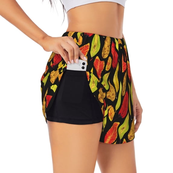 Vsdgher Autumn With Leaves Athletic Shorts for Women, Women's Running Double Layer Shorts, High Waisted Yoga Shorts, Workout Athletic Shorts-Small