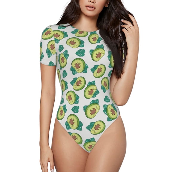 Vsdgher Avocado Sleeping Prinr Short Sleeve Body suit for Womens, Sexy Onesie One Piece Round Neck Bodysuit Shapewear Tummy Control-Large