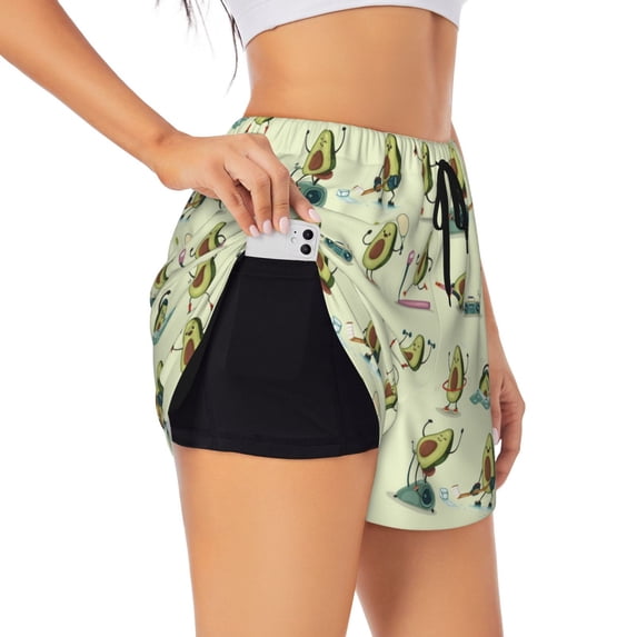 Vsdgher Avocado for Exercise Print Women's Running Double Layer Shorts High Waisted with Pockets Elastic Yoga Workout Athletic Gym Sports