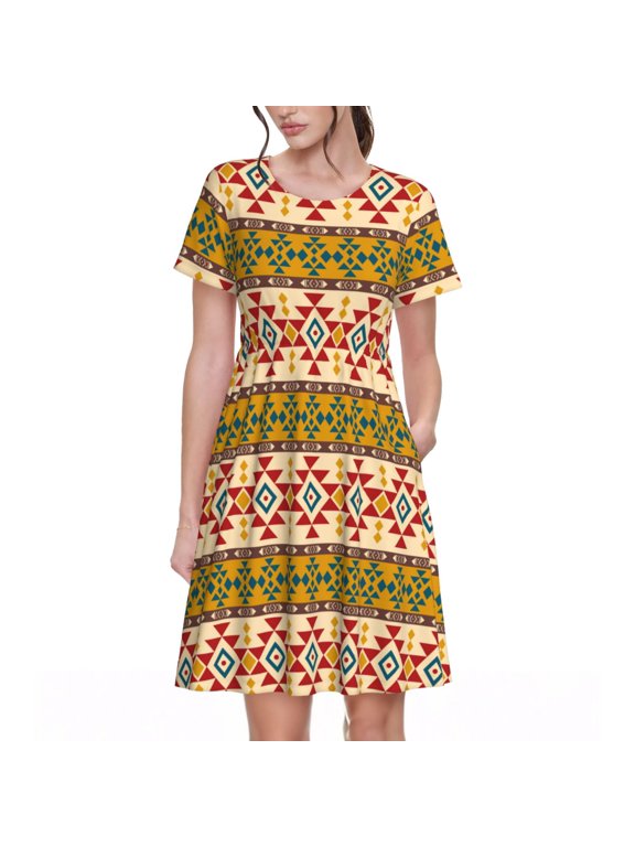 Aztec for Womens Summer 2025 Casual Midi Maxi Dresses Lightweight Short Sleeve Round Neck Beach Dress -Large