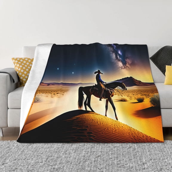 Vsdgher Azure Sky Western Desert Cowboy Pattern Fleece Throw Blanket, Horizontal Fleece Bedding Home Decor for Couch & Bed All Season Use -60"x50"