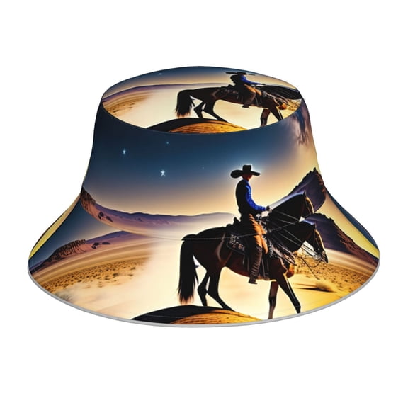 Vsdgher Azure Sky Western Desert Cowboy Print Bucket Hat for Men&Women Bucket Hat Reversible Summer Double-Side-Wear Travel Gardening, Beach, Camping, Hiking, Fishing Cap