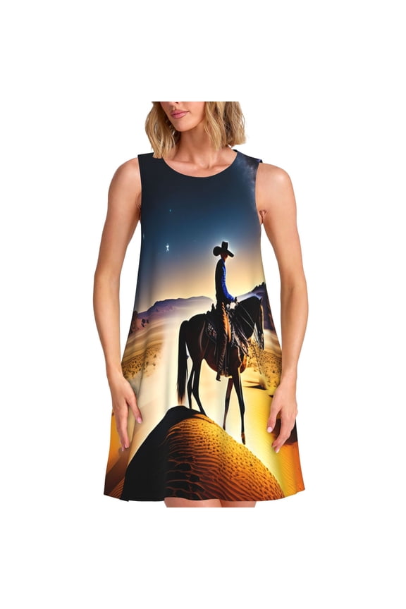 Azure Sky Western Desert Cowboy Print Summer Dresses for Women Casual U Neck Beach Dress Sleeveless Tank Loose Sundress with Pocket -Large