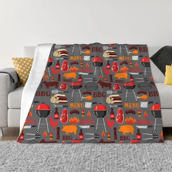 Vsdgher BBQ Icons Pattern Fleece Throw Blanket, Horizontal Fleece Bedding Home Decor for Couch & Bed All Season Use -60"x50"