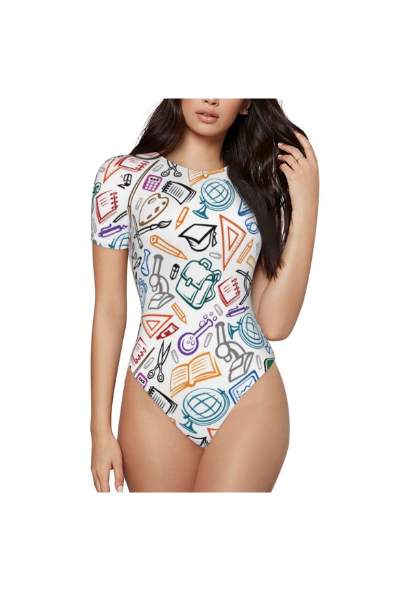 Back To School Prinr Short Sleeve Body suit for Womens, Sexy Onesie One Piece Round Neck Bodysuit Shapewear Tummy Control-X-Large