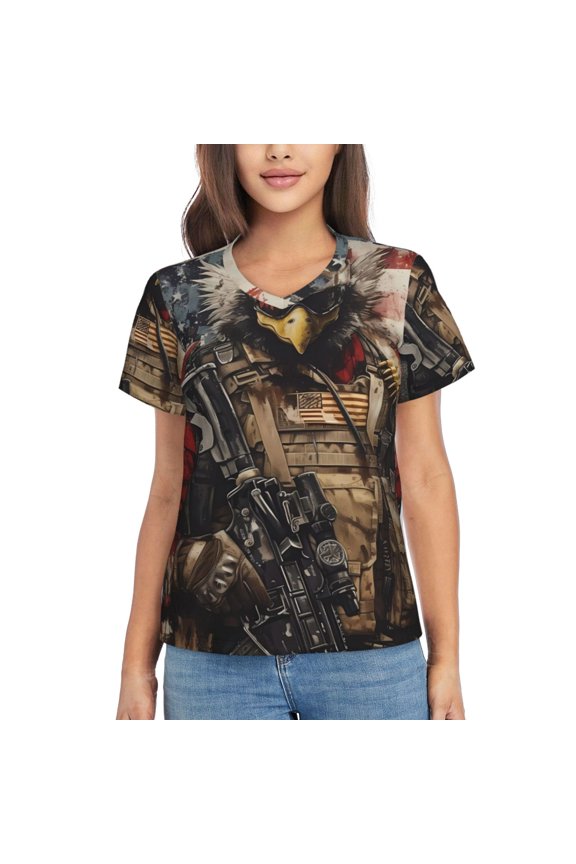 Bald Eagle Soldier Women Shirts V Neck Short Sleeve Tops T-Shirt Basic Tees, S to 3XLMedium