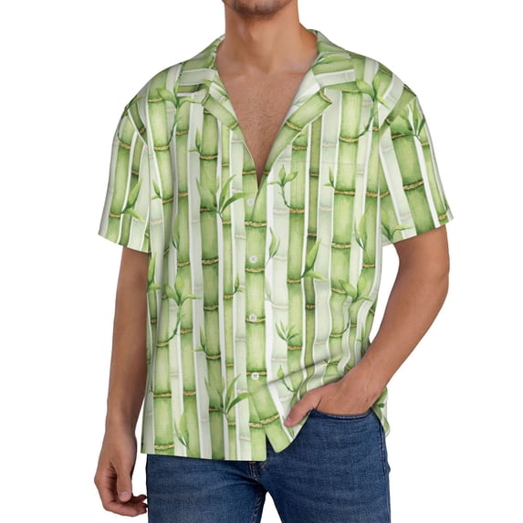 Vsdgher Bamboo Stems And Leaves Men's Cuban Shirt, Hawaiian Shirts, Business Casual Button Down Shirts, Short Sleeve Shirt-Large