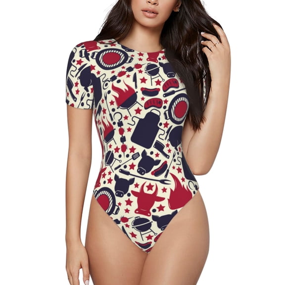 Vsdgher Barbeque1 Prinr Short Sleeve Body suit for Womens, Sexy Onesie One Piece Round Neck Bodysuit Shapewear Tummy Control-Medium