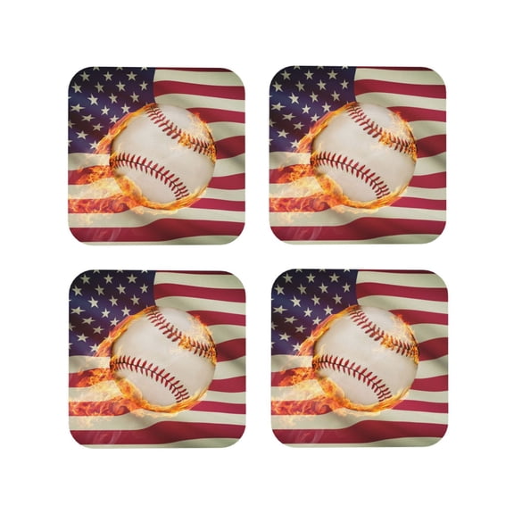 Vsdgher Baseball Ball With Flag Leather Coasters for Drinks, Durable Drink Coasters 4 Set for Tabletop Protection, Luxurious Home Décor and Housewarming Gift-Square