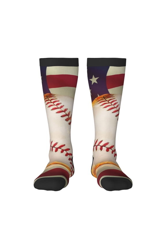 Baseball Ball With Flag Knee Socks, High Socks Long Stretchy Sock Women Knee High Stocking, Long Socks for Women