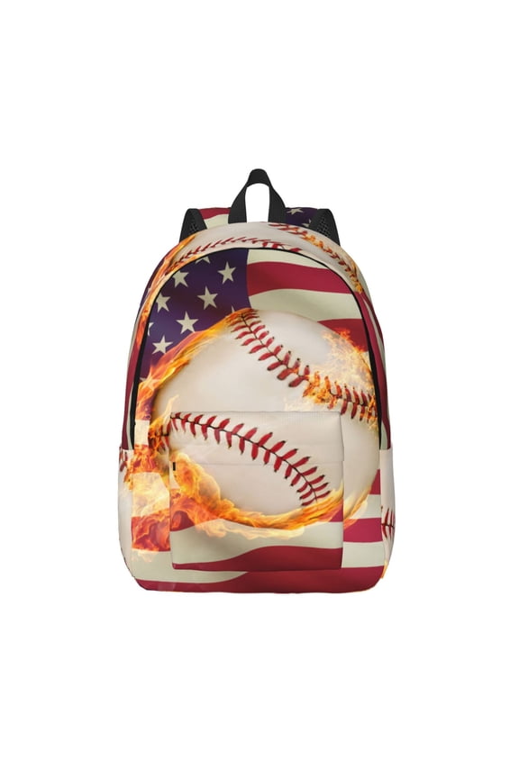 Baseball Ball With Flag Print Canvas Backpack Travel Rucksack Unisex Knapsack 15.7/17.7Inch Laptop Backpack for Work,College -Medium