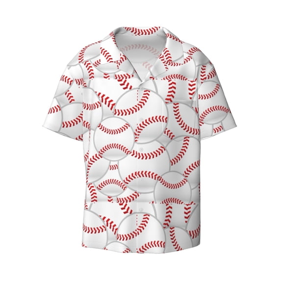 Vsdgher Baseballs Print Men's Wrinkle Free Untucked Cuban Shirt Business Casual Button Down Shirts Short Sleeve Shirt