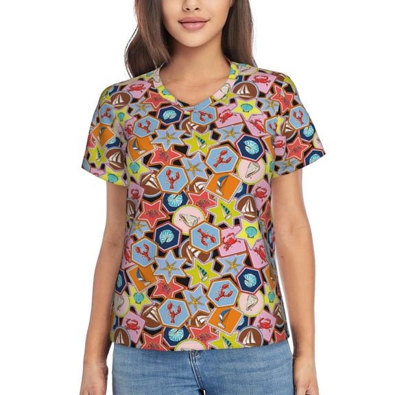 Vsdgher Beach Life Women Shirts V Neck Short Sleeve Tops T-Shirt Basic Tees, S to 3XLXX-Large