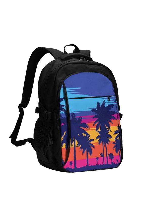 Beach with Palm Trees Print Travel Laptop Backpack, Laptops Backpack with USB Charging Port, Water Resistant Computer Bag Gift for Men & Women