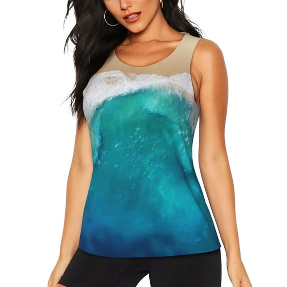 Vsdgher Beach Print Tank Top Sports Vest Bra for Women Sports ,Performance Stretchy Quick Dry Sports Workout Running Top Vest with Removable Pads
