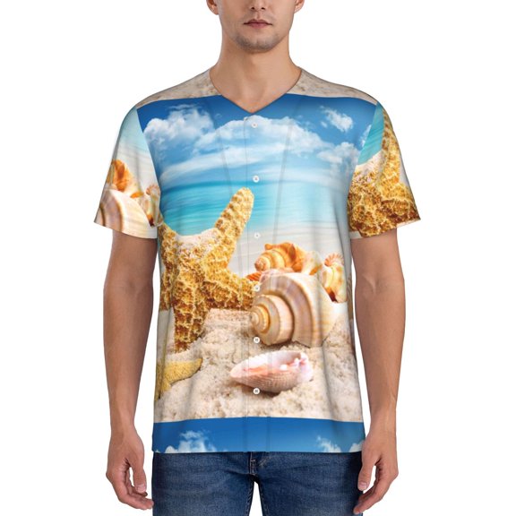 Vsdgher Beach Starfish Shell Mens T-Shirts Baseball Vintage Fashionable Lightweight Casual Crew Neck Slim Fit with Long Sleeves-Large