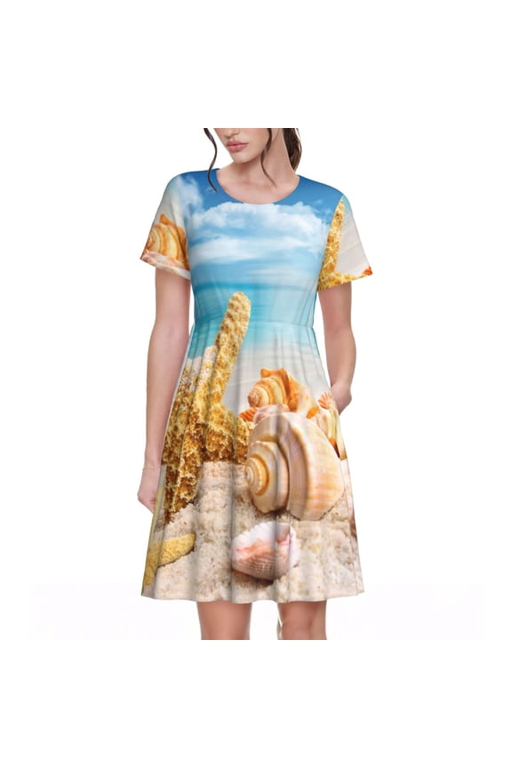 Beach Starfish Shell for Womens Summer 2025 Casual Midi Maxi Dresses Lightweight Short Sleeve Round Neck Beach Dress -Medium