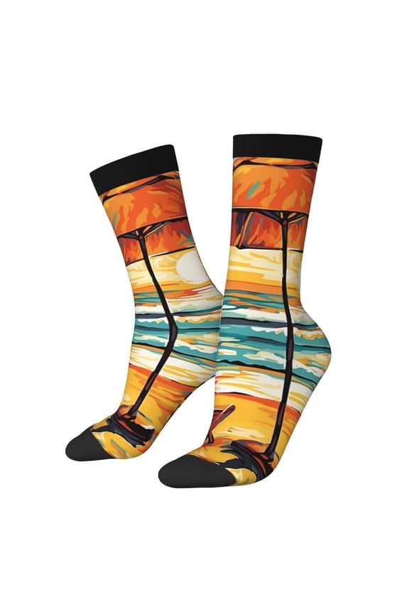 Beach Umbrella Sunset Crew Socks for Men & Women, Breathable Casual Athletic Ankle Socks