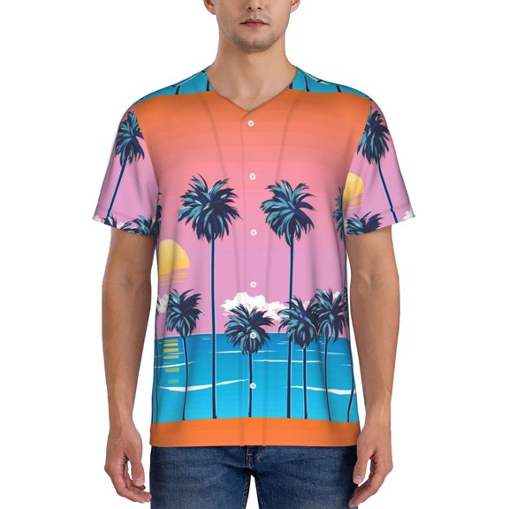 Vsdgher Beach with Palm Trees Mens T-Shirts Baseball Vintage Fashionable Lightweight Casual Crew Neck Slim Fit with Long Sleeves-4X-Large
