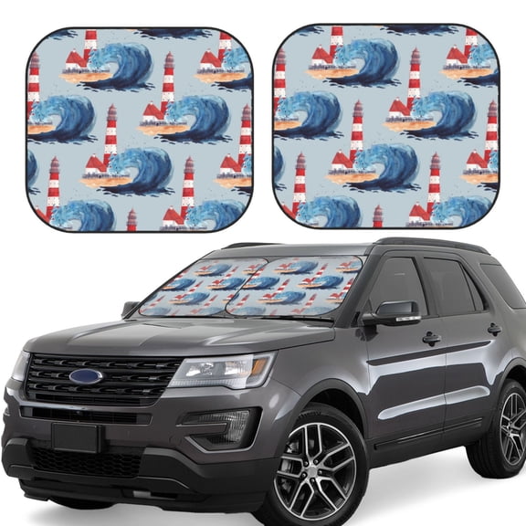 Vsdgher Beacon In The Huge Waves Of The Surf Print Car Windshield Sun Shade, Reflective Sunshade Window Sunshade Sun Visor Protector Fit for Cars,Trucks,SUVs-Small