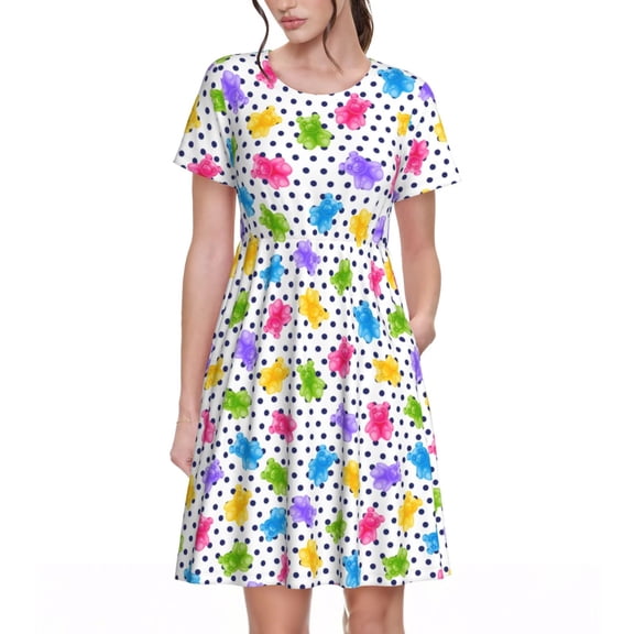 Vsdgher Bear And Polka Dot for Womens Summer 2025 Casual Midi Maxi Dresses Lightweight Short Sleeve Round Neck Beach Dress -3X-Large
