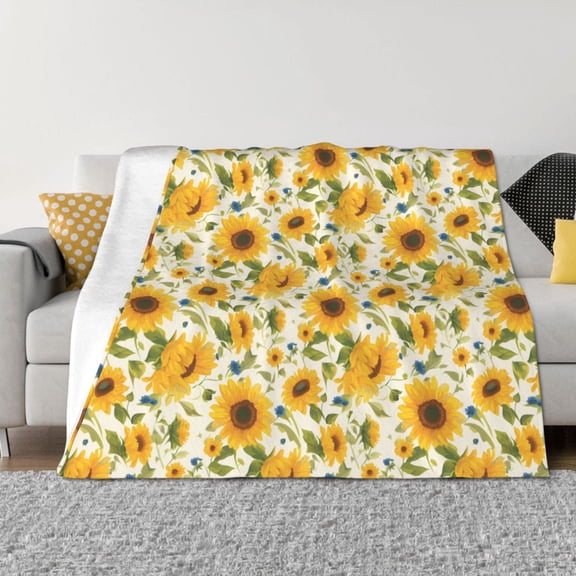Vsdgher Beautiful Countryside Sunflower Pattern Fleece Throw Blanket, Horizontal Fleece Bedding Home Decor for Couch & Bed All Season Use -50"x40"