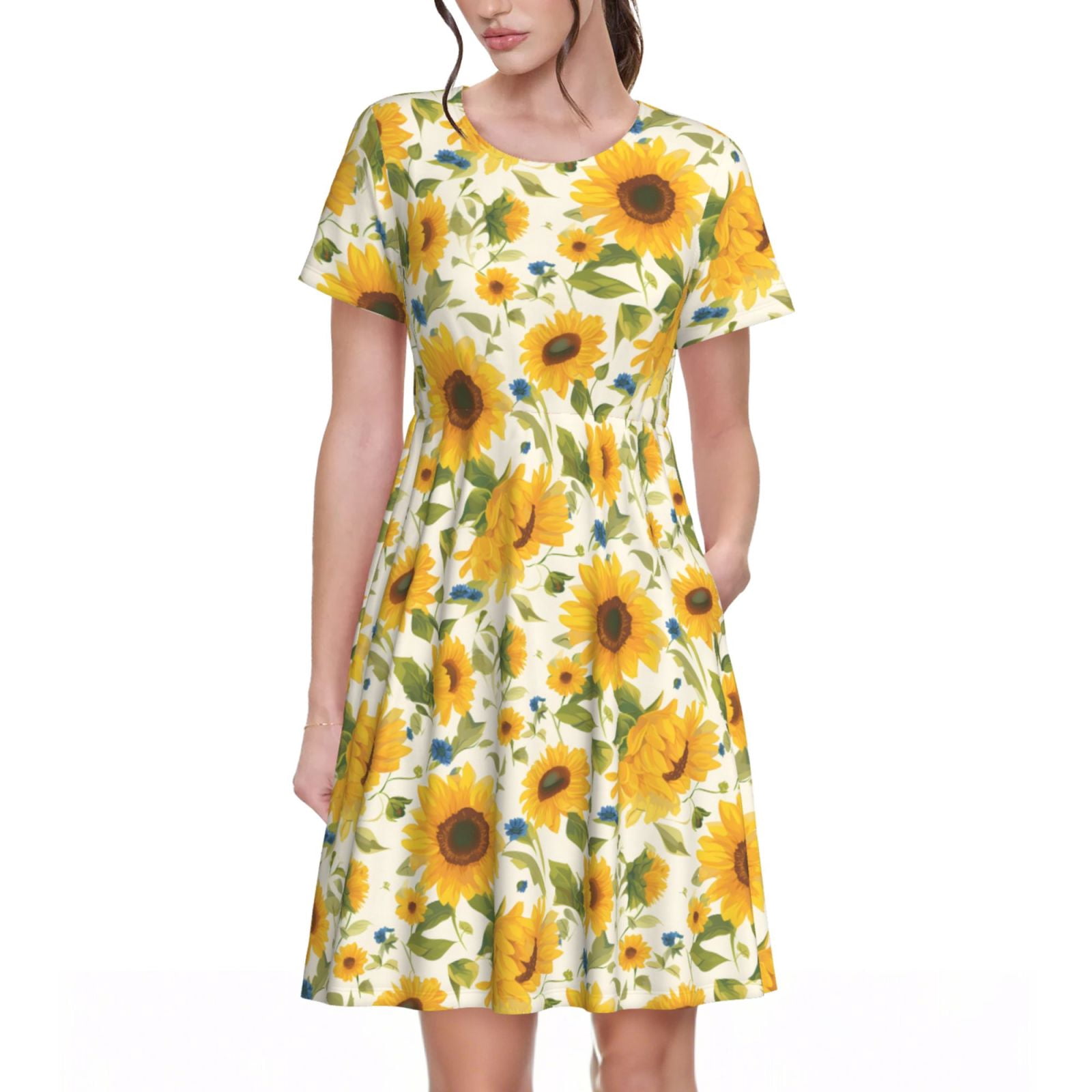 ladies sunflower dress Vsdgher Beautiful Countryside for Womens Summer 2025 Casual Midi Maxi Dresses Lightweight Short Sleeve Round Neck Beach -3X-Large HOLDFALL2021