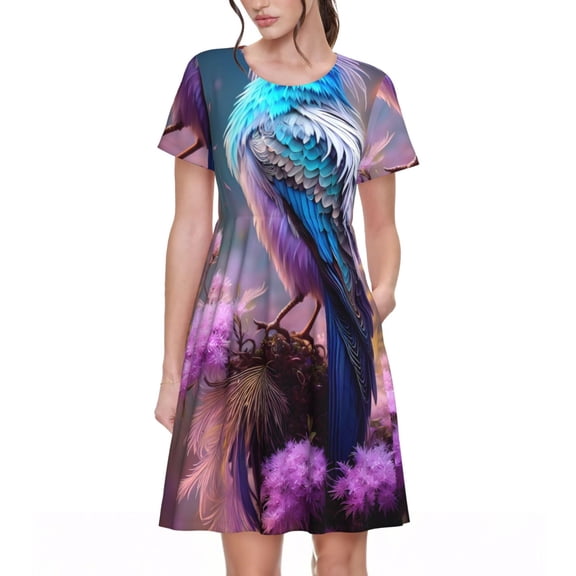 Vsdgher Beautiful Flower Blue Bird for Womens Summer 2025 Casual Midi Maxi Dresses Lightweight Short Sleeve Round Neck Beach Dress -Small