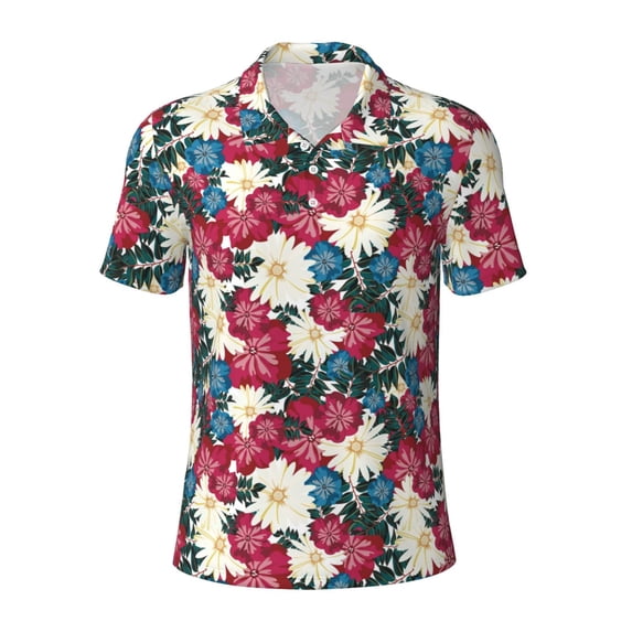 Vsdgher Beautiful Flower Print Men's Short Sleeve Stretch Polo Shirt, Moisture-Wicking Performance Polo Shirt
