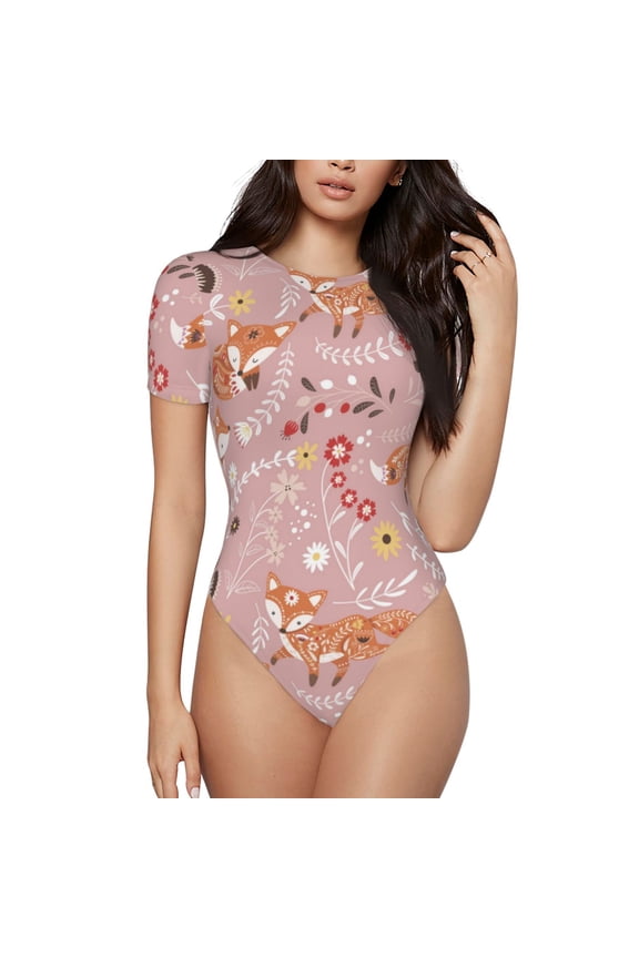 Beautiful Fox Prinr Short Sleeve Body suit for Womens, Sexy Onesie One Piece Round Neck Bodysuit Shapewear Tummy Control-X-Large