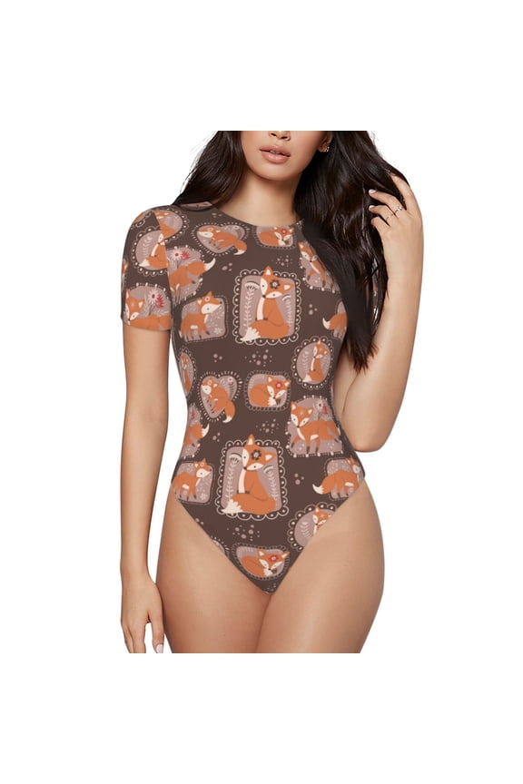 Beautiful Fox Prinr Short Sleeve Body suit for Womens, Sexy Onesie One Piece Round Neck Bodysuit Shapewear Tummy Control-XX-Large