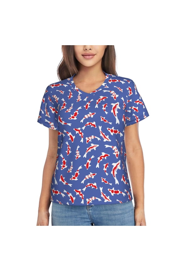 Beautiful Koi Fish Women Shirts V Neck Short Sleeve Tops T-Shirt Basic Tees, S to 3XLXX-Large
