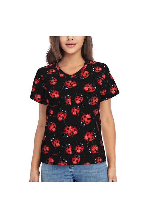 Beautiful Red Ladybug Women Shirts V Neck Short Sleeve Tops T-Shirt Basic Tees, S to 3XLX-Large