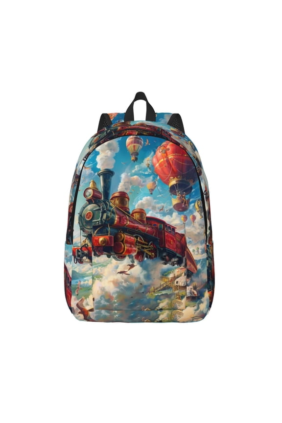 Beautiful Red Train Hot Air Balloon Print Canvas Backpack Travel Rucksack Unisex Knapsack 15.7/17.7Inch Laptop Backpack for Work,College -Medium
