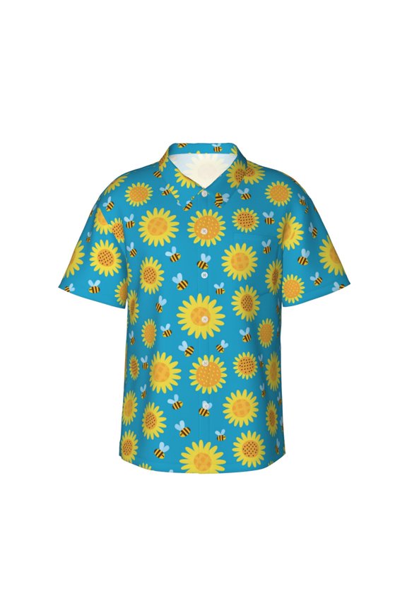 Bee Sunflower Print Men's Hawaiian Shirts Button Down Tropical Holiday Beach Shirts Vacation Clothes,Medium