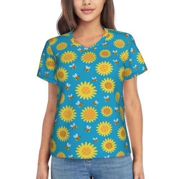 Vsdgher Bee Sunflower Women Shirts V Neck Short Sleeve Tops T-Shirt Basic Tees, S to 3XLSmall