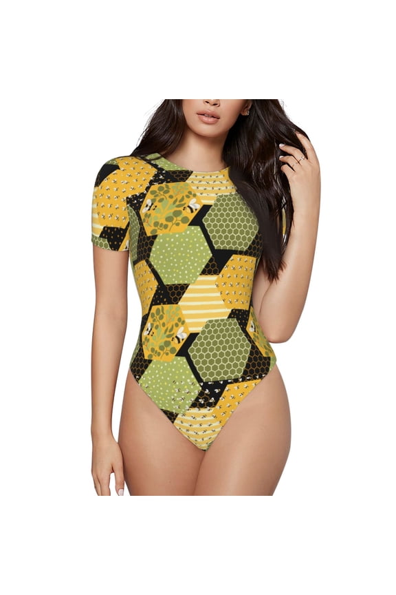 Bee honey Prinr Short Sleeve Body suit for Womens, Sexy Onesie One Piece Round Neck Bodysuit Shapewear Tummy Control-