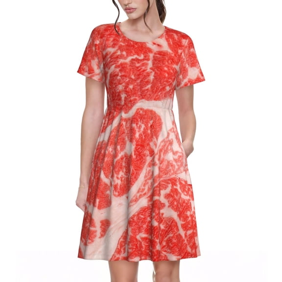 Vsdgher Beef Steaks for Womens Summer 2025 Casual Midi Maxi Dresses Lightweight Short Sleeve Round Neck Beach Dress -X-Large