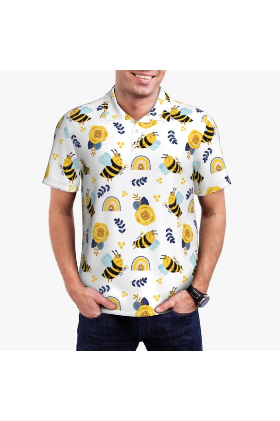 Bees And Rainbows Polo Shirts for Men, Men's Short Sleeve Stretch Polo Shirt, Shirts for Men-Medium