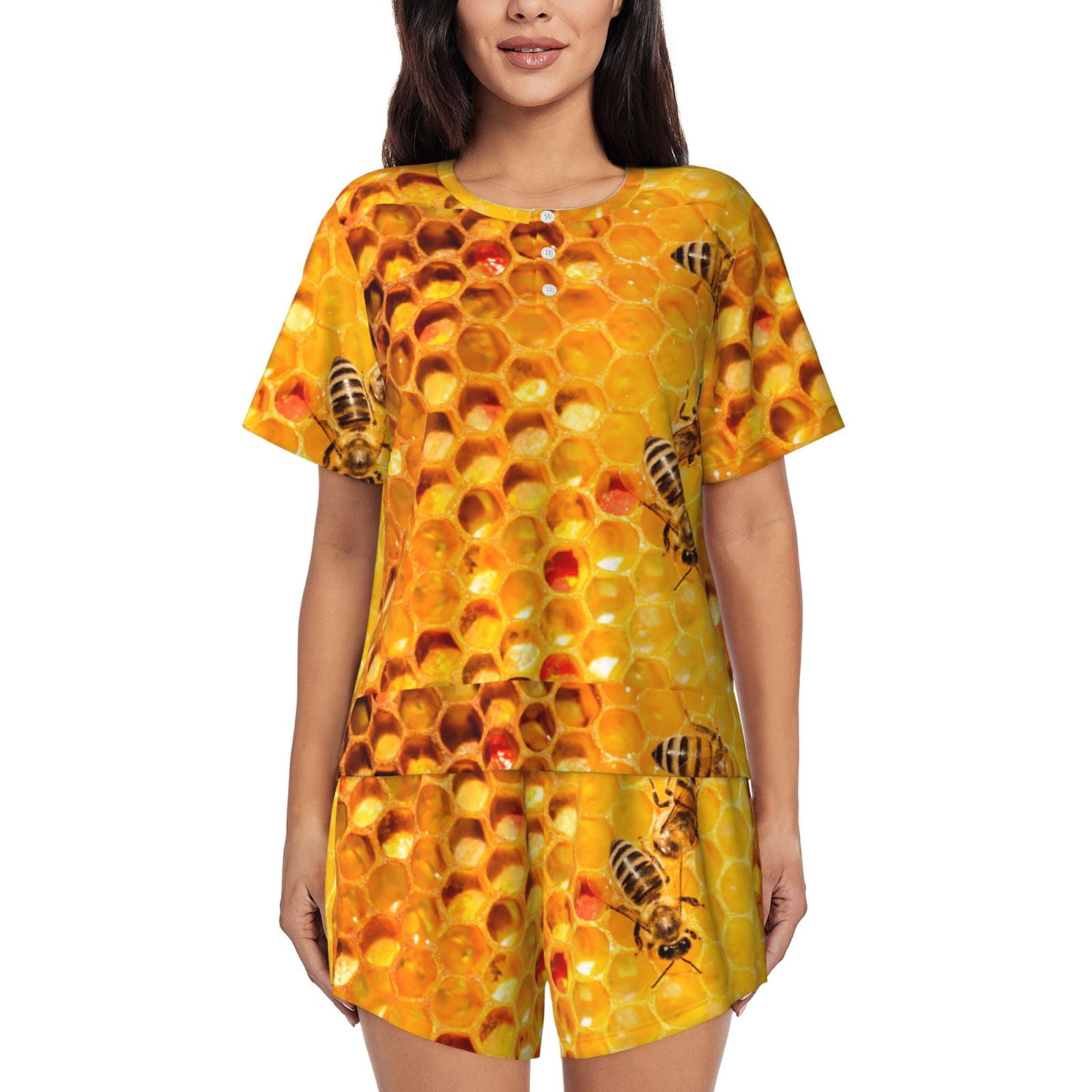 Vsdgher Bees on Hive Honeycomb Pattern Womens Pajamas 2 Piece Short ...