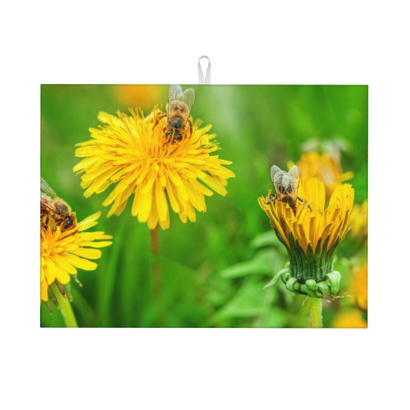 Vsdgher Bees Pollinates A Yellow Dandelion Dish Drying Mat Super Absorbent Drying Mat Large Dish Drying Mats for Kitchen Counter Kitchen Drying Mat 24" x 18"
