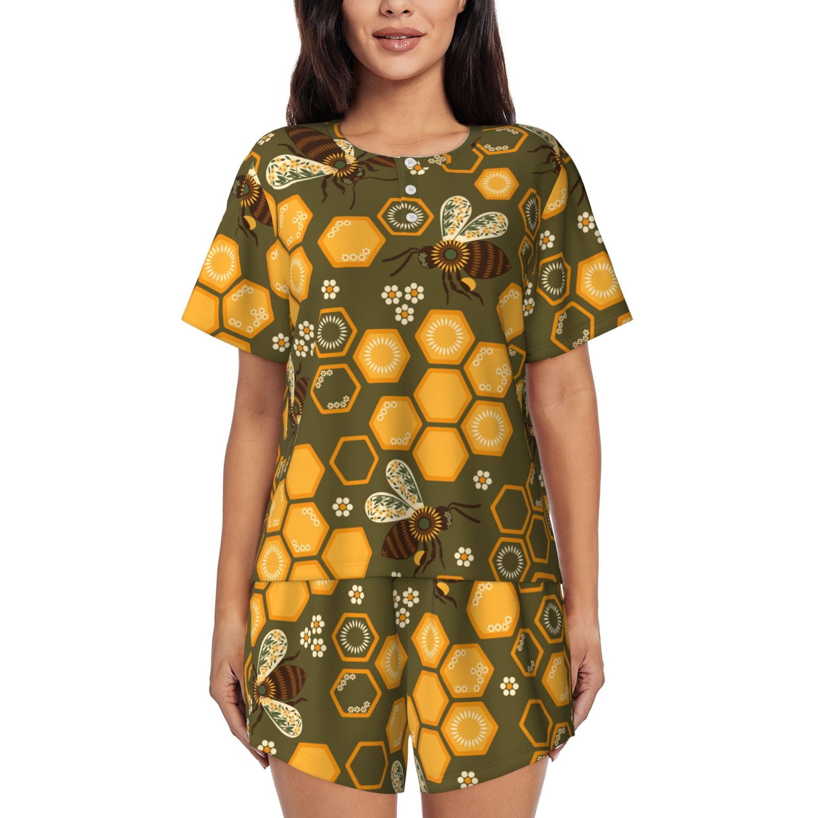 Vsdgher Bees and Honeycombs Pattern Womens Pajamas 2 Piece Short Sleeve ...