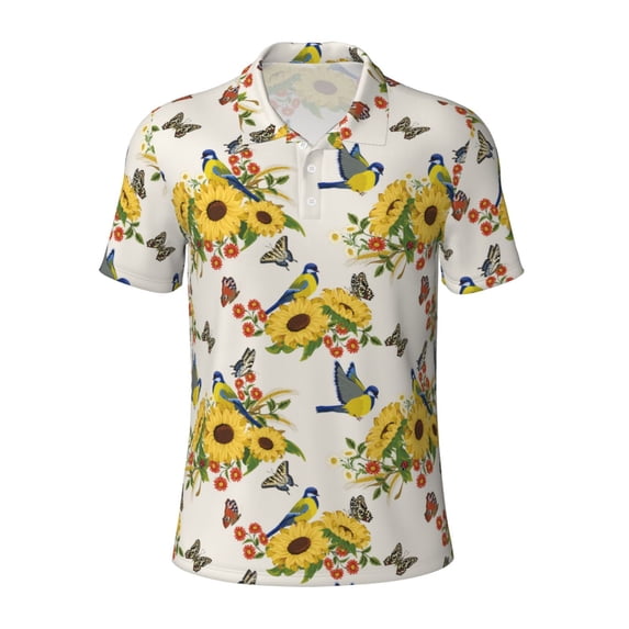 Vsdgher Bird Sunflowers Print Men's Short Sleeve Stretch Polo Shirt, Moisture-Wicking Performance Polo Shirt